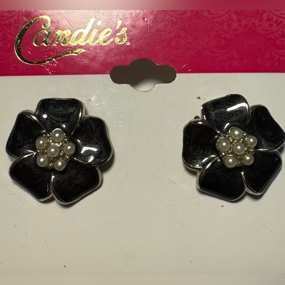 Candies flower pierced earrings, silver tone with black and faux pearl, NEW